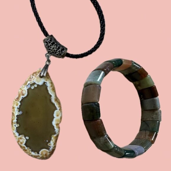 Polished Agate Slice Pendant + Multi-Stone Bracelet Set Natural Crystal Jewelry - Picture 1 of 8